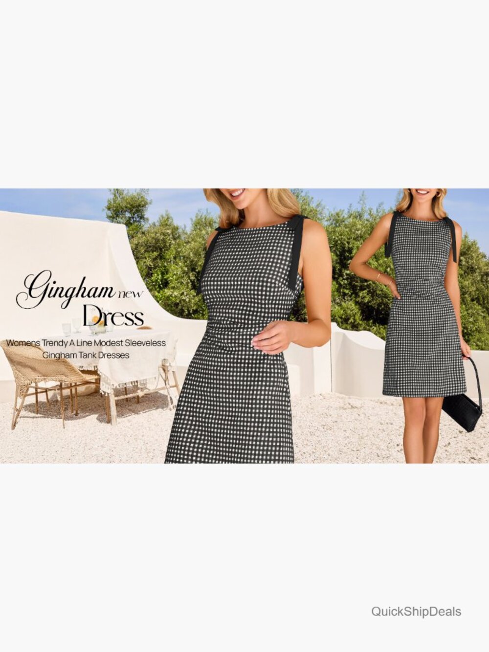 Women's Summer Gingham Mini Dress Ruched Sleeveless Boat Neck Cocktail Party - Picture 7 of 7